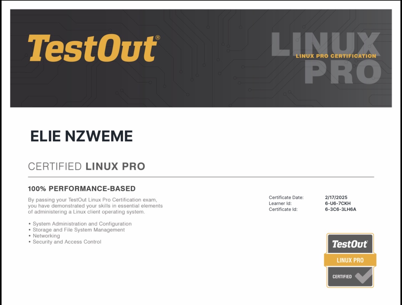 TestOut Linux Pro certification